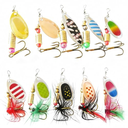 Artificial Bait Spinner Blinker Set, 10 Pieces Trout Spoon Fishing, Sequins Artificial Bait with Storage Box for Trout, Bass, Zander, Salmon, Pike, Walleye