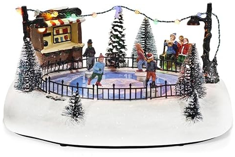 EMPOTEC Scena Villaggio Pesaggio Natalizio Pista Pattinaggio Innevato Ambientazione Pattinatori su Ghiaccio Decorazione Natale Movimento Luci Suoni Musiche Natalizie Idee Regalo Alta Qualità 27x21x15