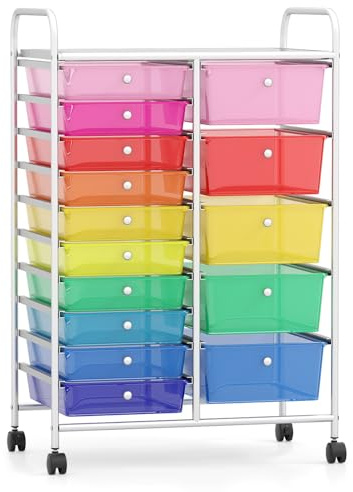 GIANTEX Carro de Almacenamiento 15 Cajones de Plástico, Cajonera con 4 Ruedas, Carrito Auxiliar con Marco de Metal, Organizador para Oficina, Salón, Cocina (Transparente Colorido)