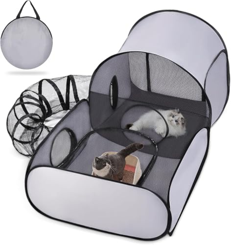 Portable Pet Playpen with Tunnel - Foldable Cat & Kitten Enclosure Tent, Lightweight Interactive Pet House for Small Animals, Indoor & Outdoor Use for Home, Camping & Travel(Grey, M)