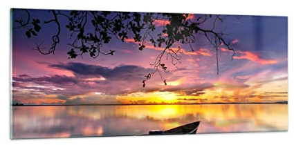 Moderne Impression sur Verre 100x40cm Image Tableau en Verre Decoration Murale Bateau Coucher de soleil Lac Ciel Grand Tableaux Decoratifs Muraux Chambre Panoramique Deco Salon Art GAB100x40-2967