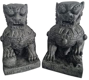 Ciffre 2 er Set Chinesischer Löwe ca. 50cm ca. 40 Kilo Antik Look Massiv Steinfigur Skulptur Feng Shui Garten Deko Wetterfest Lawa Steingus