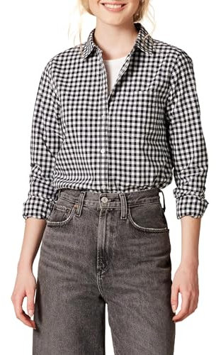 Amazon Essentials Damen Regular-Fit Langarm-Button-Down-Popeline-Hemd, Schwarz Weiß Vichy-muster, L
