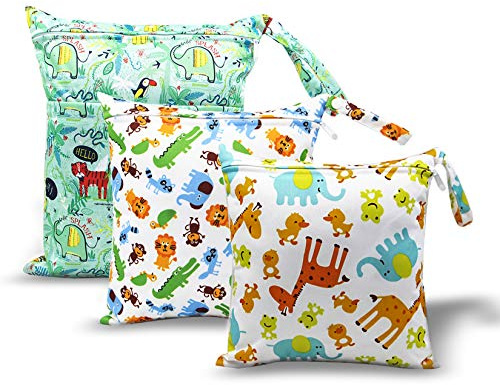 HOTLIKE 3 pezzi Wetbag Pannolini Riutilizzabile, Borsa per Pannolini, Sacchetto del Pannolino Lavabile con Zip Impermeabile Riutilizzabile Organizzatore, Bambino Bag per Viaggi Gym Vestiti (Verde)