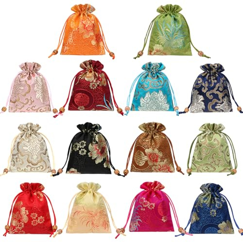 kilofly 14 pc Silk Brocade Jewelry Bag Double Layer Drawstring Coin Gift Pouch