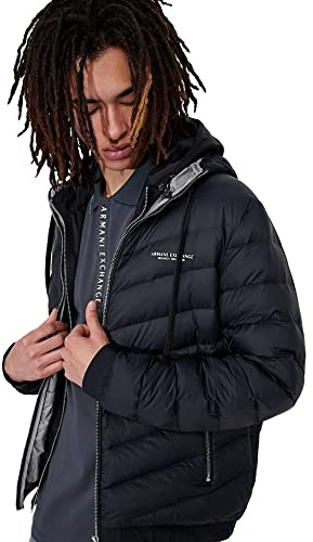 Armani Exchange Quilted Milano/New York Logo Zip-Up Jacka Down alternativ rock, Marinblå/grå melerad, XS