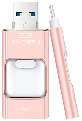 Flash Drive for iPhone 256GB, 4 in 1 USB Type C Memory Stick, Photo Stick External Storage Thumb Drive for iPhone iPad Android Computer, Rose Pink