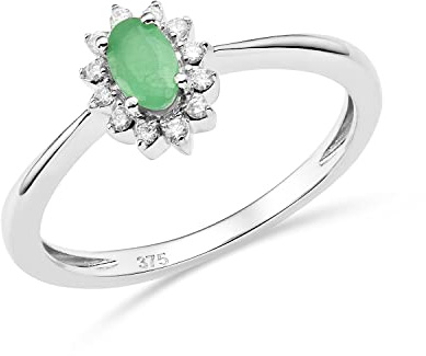 MIORE anello di fidanzamento a grappolo con diamanti e smeraldo in oro bianco 9 carati 375 12 diamanti naturali di 0,07 carati e uno smeraldo verde naturale ovale di 0,21 carati