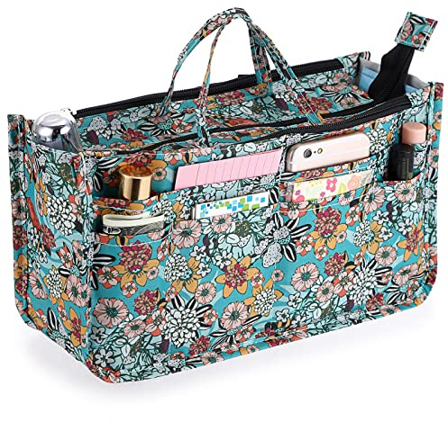 SUMTree Organisateur de sac à main Sac de rangement intérieur 15 poches avec fermeture éclair pour portefeuille,maquillage,clés,petites affaires (Fleurs colorées)