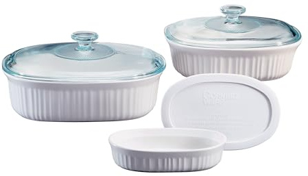 CorningWare Ceramic Bakeware Set with Lids Chip and Crack Resistant Stoneware Baking Dish, Microwave, Dishwasher, Oven, Freezer and Fridge Safe, 6-Piece French White