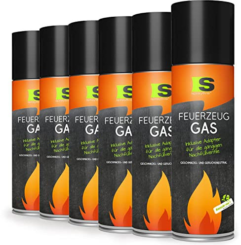 Spraytive 6 x 500ml XXL Butangas für Flambierbrenner & Feuerzeuge - Feuerzeuggas inkl. Adapter zum Nachfüllen - Kompatibel zu Clipper-Feuerzeug, Jet-Flamme, Küchenbrenner u.vm.