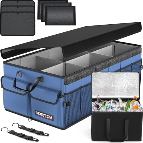 FORTEM Car Boot Organiser - Foldable Car Organiser with Cooler Bag for SUVs | Car Accessories for Men Women, Collapsible Bag, Non Slip Bottom, Straps, Soft Cover, 600D Oxford, Blue, 6 Compartments, 105L