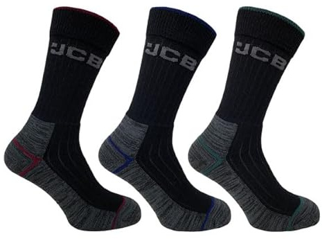 JCB - Work Tough Sock - Crew Socks - Cotton Rich, Black Assorted - 3 pack - UK 6-11, EUR 39-46 (3pk Black Assorted)