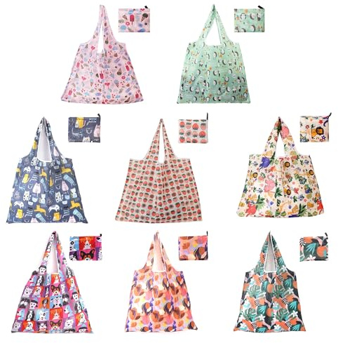 QZDAFFIC 8 Pezzi Borse Spesa Riutilizzabili, Grande Tote Bag Pieghevoli con Manico, Borsa Shopper Carine Donna, Borse per la Spesa Lavabili e Durevoli per la Conservazione dei Generi Alimentari