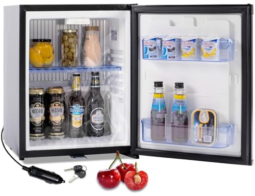 Smad Mini Fridge with Lock, 12V RV Refrigerator 1.0 cu.ft Compact Refrigerator 12V / 110V, No Noise 12V Fridge Reversible Door Absorption Refrigerator for RV, Truck, Camping, Boat Use