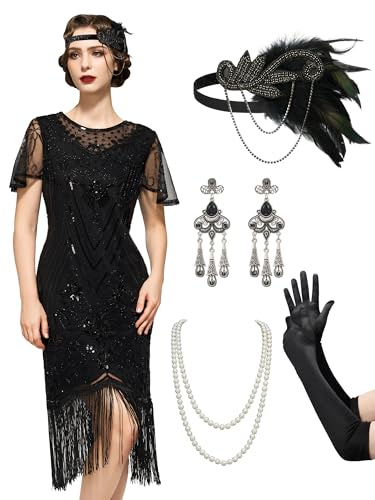 SWEETV Women's 1920s Flapper Dress,Crew Neck Great Gatsby Fringe Dresses with Sleeve Roaring Costumes for Formal/Party/Prom/Club/Wedding,Black,XXL