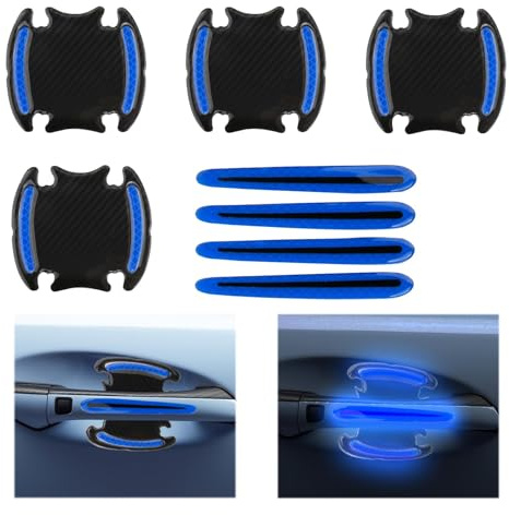 brileze 8Pcs Auto Door Handle 3D Carbon Fiber Universal Scratch Protection Cover Car Door Guard Film Cup Handle Paint Scratch Protector Sticker Safety Reflective Strips Non-Marking Adhesive Blue