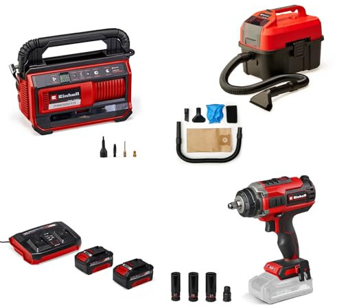 Einhell Power X-Change Auto-Set (18 V) mit Schlagschrauber, Nass-Trockensauger, Kompressor, 2x 4,0 Ah Akku, Twincharger
