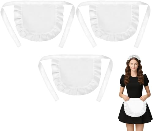 LURVOUS 3 Piezas Pequeño Medio de Delantal Blanco, Delantal Cintura Delantals Cocina Delantals Maid Mucama, Delantals de Camarera Volantes con 2 Tasche para Cafetería, Restaurante, Juegos Rol (White)