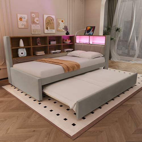 Oxtao Letto imbottito Daybed 90x200cm, Divano letto con letto estraibile, Letto singolo con luci LED, Prese e scomparti, Divano letto multifunzionale, Telaio del letto, Flanella (Grigio chiaro
