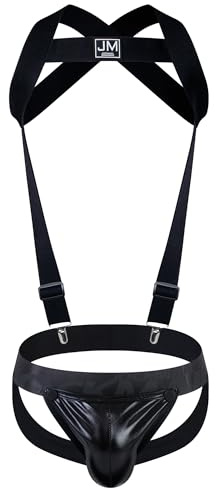 JOCKMAIL Men's Harness and Jockstrap Set Adjustable Elastic Chest Strap with Breathable Double Jock Underwear (257 Black, L)