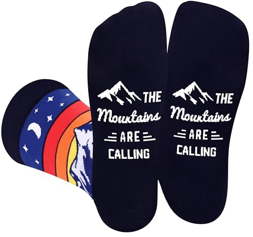 Funny Socks for Men Women Dad Teenage Boys - THE MOUNTAINS ARE CALLING - Novelty Funky Fun Socks for Travellers Climber - Travel Hiking Climbing Fathers Day Birthday Gifts Christmas Stocking Filler