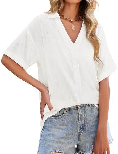 PASUDA Camicia Donna Estiva Lino Camicetta Manica Corta Elegante Blusa Scollo a V Maglietta con Bottoni Moda Casual Tinta Unita Tunica Copricostume Mare Tops(Bianco,XL)