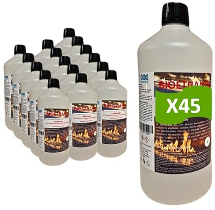 Bioetanol 1L x 45 - premium miljövänligt bränsle för eldstäder i rostfritt stål - ren låga, fri från lukt och rök - växtresurser - hög prestanda och säkerhet (1 L x 45)