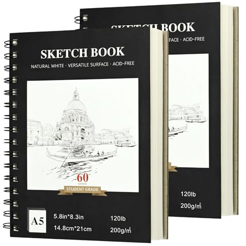 2 Pack A5 Sketch Book, 200 GSM Thick Art Paper, Top Spiral Bound Drawing Pad, 240 Pages/120 Sheets, Art Sketchbook, Drawing Book for Artists Beginners Painting Sketching Journaling Graffiti(14X21CM)