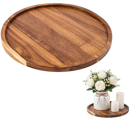 Round Wooden Tray, 20 × 20cm Decorative Coffee Table & Candle Holder Tray Vintage Wood Serving Platter for Desserts Kitchen Decor & Farmhouse Home Accents