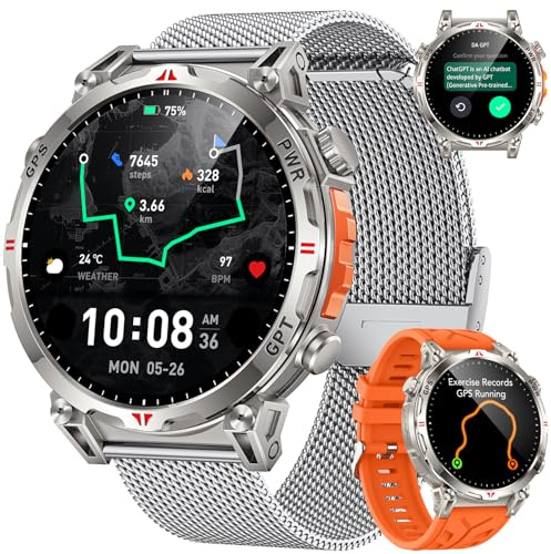 Reloj Inteligente Smartwatch Hombre con GPS: 1.7''AMOLED Pantalla Táctil Bluetooth SmartWatch con GPT Ai Esfera Brújula SpO2 Sueño Presión Arterial 100+Modo Deportivo 3ATM Impermeable Para Android iOS