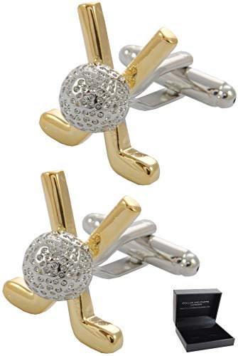 Cufflinks for Men + Presentation Box - Golf 18ct Gold Plated and Silver Colour - 18k Gold Plated Golf Clubs and Ball - Solid Brass Metal - Links Course Round Clubhouse - One Pair