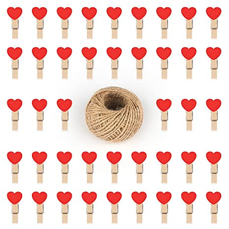 G2PLUS 100 Red Wooden Photo Display Clips - 3.5cm Mini Wooden Heart Pegs with 30 M Jute String for Arts and Crafts, Weddings & Events