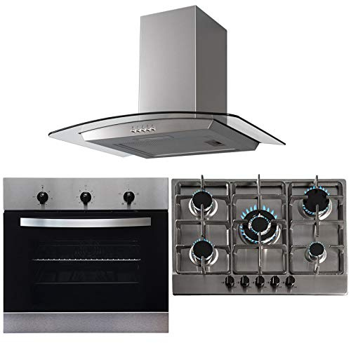 SIA Stainless Steel 60cm Single Electric Oven, 70cm Gas Hob & Curved Glass Hood
