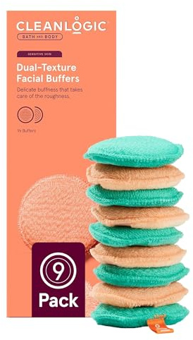 CleanLogic Bath & Body Exfoliating Dual-Texture Facial Pads, Face Sponges for Cleansing & Softening Sensitive Skin, MakeUp Remover Pads, Assorted Colors, 9 Count Value Pack
