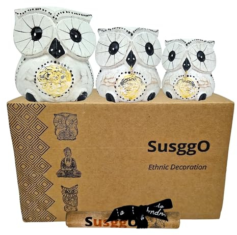 SusggO Set 3 Buhos de Madera Tallados a Mano Figuras Decorativas Artesanales Home Decoration Decoracion Buho de la Suerte Decoracion Habitacion Decoracion Hogar (Blanco Detalles Plateados)