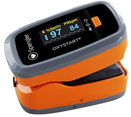 Oxymètre de doigt SPENGLER Oxystart, Oxymètre de Pouls Digital Portable, Facile à Utiliser, Fiable et Précis, Compact et Léger (Orange)