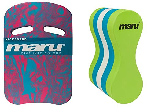 Maru Swimming Kickboard Swim Aid, Pool Float for Adults and Kids(Pink/Blue Swirl, One Size) & Swimming Pull Buoy Float, Adults and Kids(Lime, Adult)