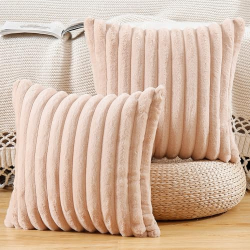 Madizz 2er Set Kunstpelz Plüsch Dekorative Kissenbezüge Flauschig Gestreifte Weich Dekorative Kissenbezug für Sofa Schlafzimmer Kissen Shell Hellbraun 45 x 45 cm