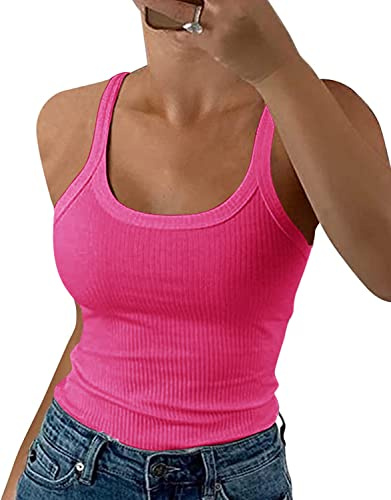 GEMBERA Débardeurs côtelés à Bretelles Spaghetti et col Rond pour Femme - Camisole ajustée en Coton Basique sans Manches, Rose Vif, L