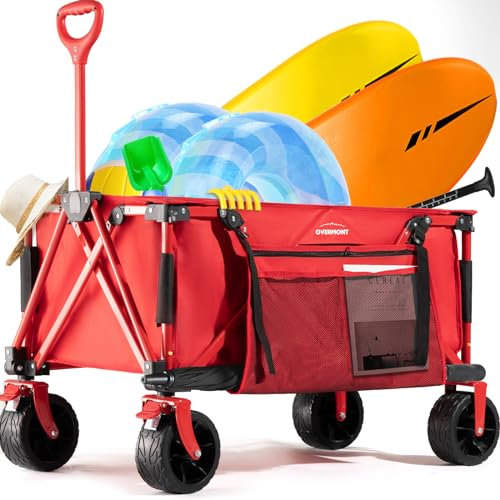 Overmont Carro Playa Plegable - Carrito de Jardín Todo 150L 150 kg con Mango Ajustable - Todo-Terreno Desmontables Ruedas Grandes - con Bolsillo Lateral Portavasos - per Camping Compras Deportes