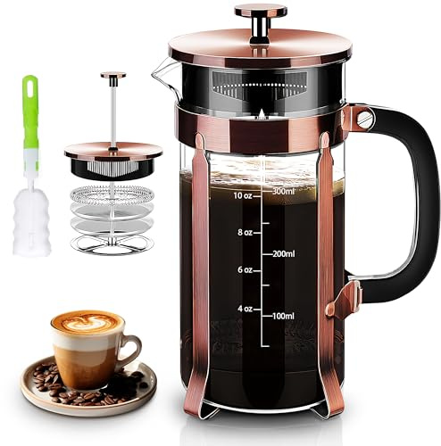 YMMIND French Press Coffee Maker 304 Stainless Steel Coffee Press,with 4 Filters System, Heat Resistant Thickness Borosilicate French Press Glass, BPA-Free Brewed Tea Pot Coffee Plunger(Copper 12oz)