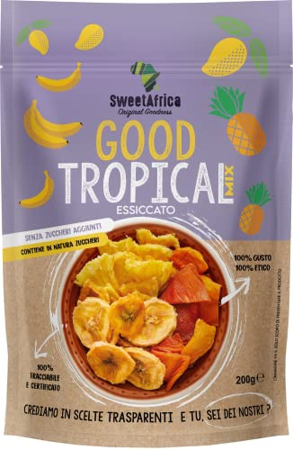 SweetAfrica - Good Tropical mix - Chips di Mango, Ananas e Banana essiccati, pezzi frutta secca mix, snack frutta secca (1200gr) - 200g x 6pz