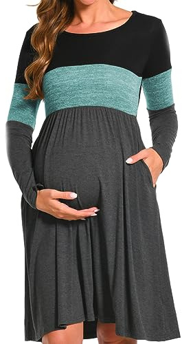 Bearsland Women’s Long Sleeve Maternity Dresses Patchwork Pregnancy Dress with Pocket, Green, S