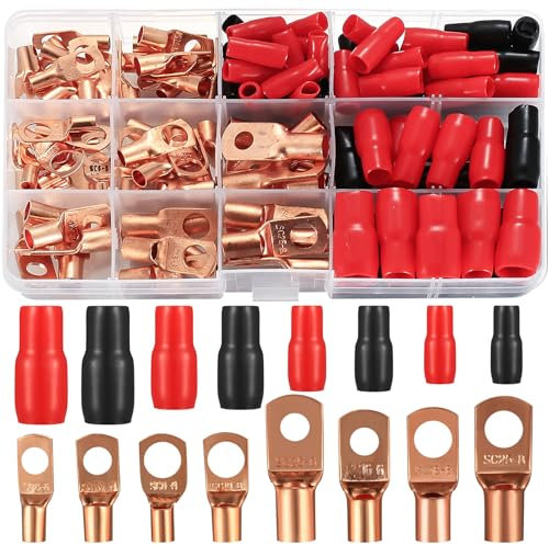 120 Pcs Terminales Eléctricos de Latón - Conectores Eléctricos a Crimpar para Cable con Aro y Fundas Termorretráctiles - Juego de Terminales para Batterías 6/10/16/25 mm² (60 Unidades + 60 Fundas)