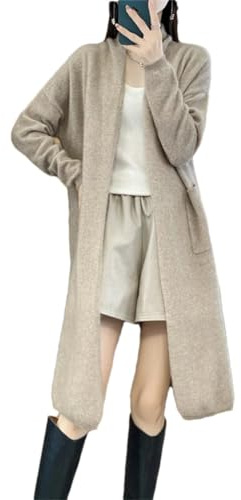 Vsadsau Damen 100% Merinowolle Lange Strickjacke Pullover Gestrickte Offene Front Cardigans Leichter Pullover, Khaki9, One size