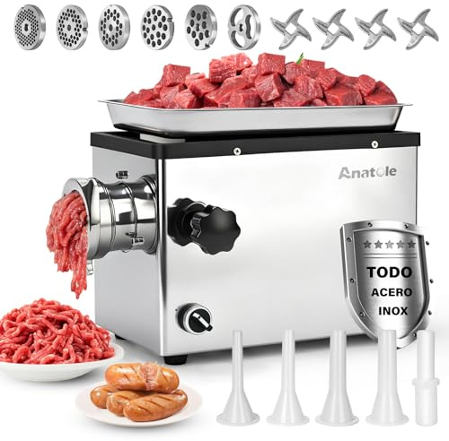 Anatole Fleischwolf Elektrisch Edelstahl Integral 1300W Profi Hackfleisch Maschine Multi Wurstmaschine mit 4/6/8/10/12mm/3-Loch Schleifplatten 1 Wurstfüller 4 Klingen Spülmaschinenfest 220V