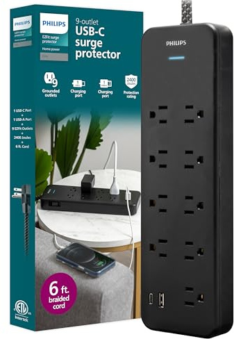Philips 9-Outlet Surge Protector with USB Charging, 6ft Braided Extension Cord, 1USB-A, 1USB-C, 2400J, Adapter Spaced, Black - SPP3983B/37