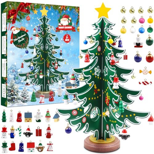 YUEJIDZ 2024 Weihnachts Adventskalender mit Hölzerner Weihnachtsbaum & 36 Ornamenten,24 Tage Weihnachten Countdown Adventskalender für KinderJungen Mädchen, Home Decoration