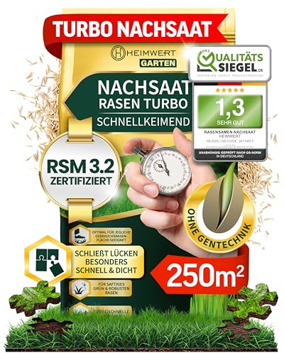 Heimwert Rasensamen schnellkeimend Turbo Nachsaat 5 kg Grassamen schnellkeimend nach original RSM 3.2 Empfehlung aus hochwertigster Gräser Mischung - Sport und Spiel Rasen Made in Germany (5kg)